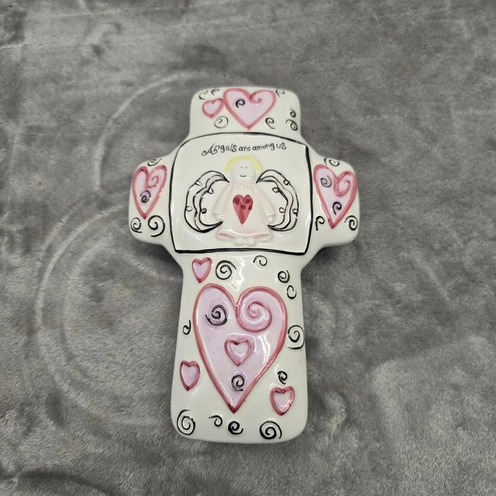 Angels Are Among Us‎ Ceramic Cross Trinket Box White Pink Hearts Angel Keepsake